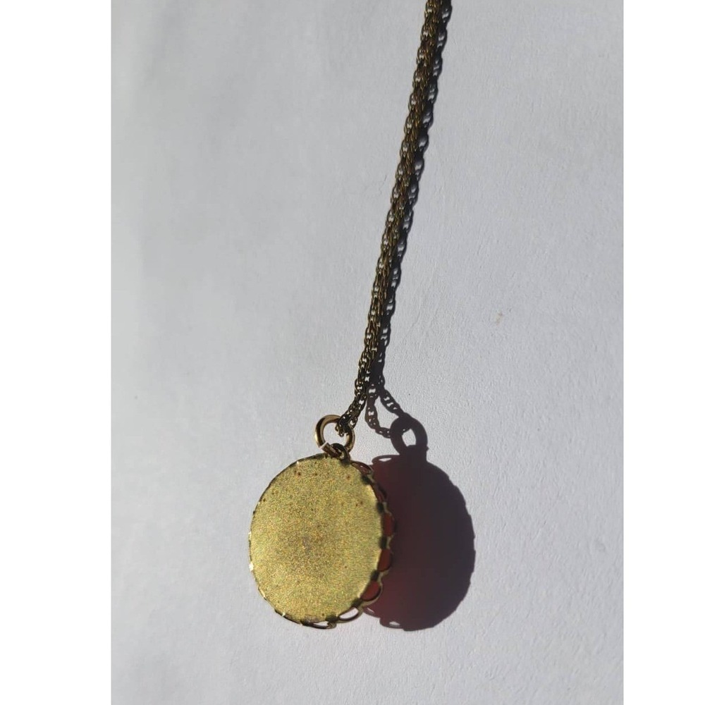 Vintage Art Glass Orange Floral Round Pendant Necklace Vintage Brass Chain - Picture 3 of 8